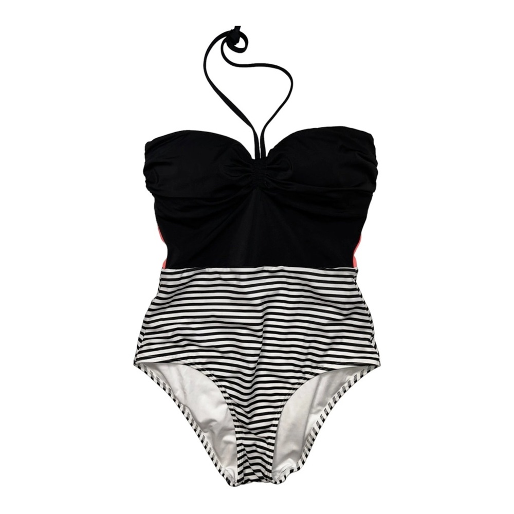 Black & White Stripe One-Piece Swim with Halter Neck